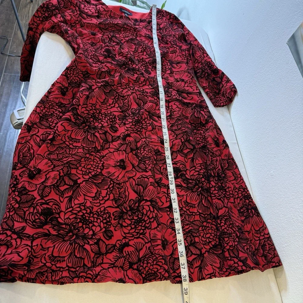 Lands End‎ Red Black Velvet Floral Fit And Flare Dress 3/4 Sleeve Women's Medium